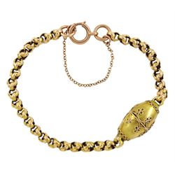 Victorian Etruscan revival 15ct gold fancy link bracelet, the oval bead with granulation and wirework decoration and a 9ct rose gold spring clasp