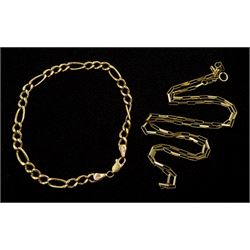 Gold rectangular link necklace and a gold Figaro link bracelet, both hallmarked 9ct, approx 7.9gm
