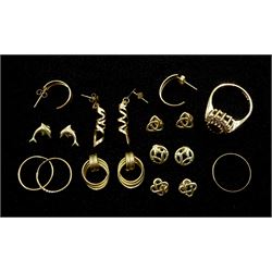 Eight pairs of gold stud earrings, gold wedding band and a gold stone set cluster ring, all 9ct hallmarked or tested