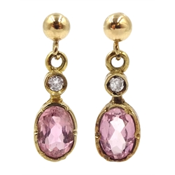  Pair of 9ct gold pink tourmaline and diamond pendant earrings, hallmarked  