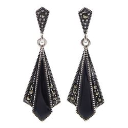Pair of silver black onyx and marcasite pendant earrings, stamped 925