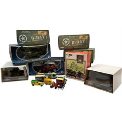 Quantity of model vehicles to include Die cast Solido Mini, Corgi John Smith's AEC Tanker and Thornycroft Beer Truck, Corgi WWII legends etc. in one box