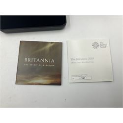 Two The Royal Mint United Kingdom 2019 'The Spirit of a Nation' silver proof one ounce Britannia coins, both cased with certificates (2)