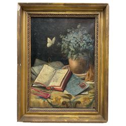 English School (19th century): Still Life with Forget-Me-Nots and Letters, oil on canvas unsigned 35cm x 25cm