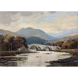 George Melvin Rennie (Scottish 1874-1953): The Old Bridge of Dee at Invercauld near Braemar - Aberdeenshire, oil on board signed 21cm x 29cm 