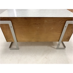 Gunther Hoffstead for Uniflex - 1960's Light elm sideboard, formica top decorated with floral pattern, fitted with six graduated drawers, raised on angular metal supports to each end, W125cm, H71cm, D50cm