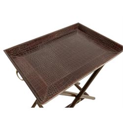 Marina leather butlers tray on folding wooden stand