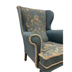 Pair early 20th century Queen Anne design upholstered wingback armchairs 
