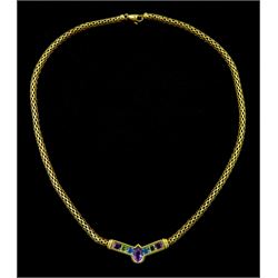 9ct gold pear shaped amethyst, princess cut blue topaz, amethyst and peridot necklace, stamped 375