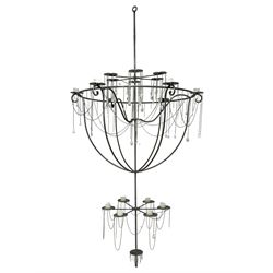 Large bespoke wrought iron cage candle chandelier, the top tier with six extending branches over bell-shape cage with scrolled supports and six branches, six branch lower tier; together with ceiling winch 
