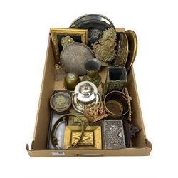 Metal ware to include a silver plate and glass biscuit barrel, pewter plates, brass stamp box, pierced brass vase etc in one box