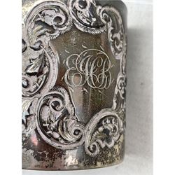 Late Victorian embossed silver christening mug H6cm Birmingham 1899, silver sweetmeat dish Birmingham 1903, small silver pin dish, silver salt and six Indian white metal serviette rings.  Hallmarked silver 5.5oz