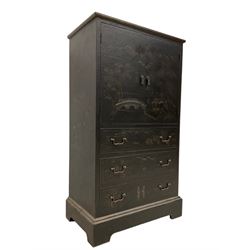 Chinoiserie design black lacquered style cabinet, painted with traditional Chinese scenes of landscapes with a craquelure finish, fitted with two cupboard doors over three drawers, on plinth base