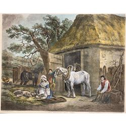 After George Morland (British 1763-1804): 'No.1 Feeding the Pigs', coloured mezzotint by J. R. Smith pub. 1801, together with Maritime Museum watercolour poster and two other posters, max 46cm x 57cm (4)