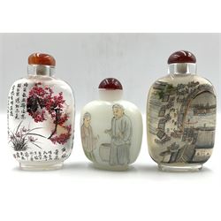 Three modern century snuff bottles, two reverse painted on glass and the other carved agate painted with figures, H11cm max, together with Malaysian Pewter tea canister and four similar cups 