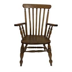 Oak and elm farmhouse chair, the slat back over elm seat, raised on turned supports 