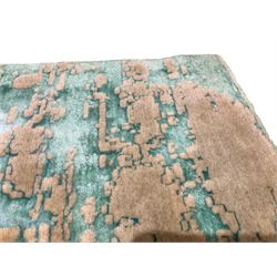 Persian Shiraz thick pile camel and cyan ground rug, the abstract clusters of cyan bleeding into the beige with extending geometric threads