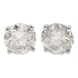 Pair of 18ct white gold round brilliant cut diamond stud earrings, hallmarked, total diamond weight approx 2.55 carat