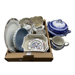 19th century Jasperware hunting scene jug, Limoges teapot, fish form sauceboat, Tuscan China cake plate, blue and white soup tureen etc in one box