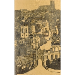 English School (20th century): Bird's Eye View of Beverley, monochrome lithograph indistinctly signed and dated 1976 in pencil 72cm x 44cm