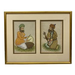 Mughal School (early 20th century): Sikh Musicians, pair gouaches framed as one, unsigned 15cm x 23cm