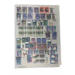 Stamps including Great British Queen Elizabeth II pre-decimal issues, mostly mint on annotated cards, various World stamps with Australia, Canada, Cuba, Hungary etc, various stereo cards etc, in two boxes