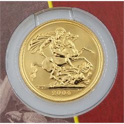 Queen Elizabeth II 2004 gold full sovereign coin, on card