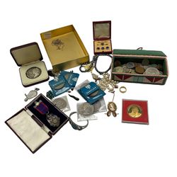 9ct gold cameo brooch and pair of earrings, silver medallion and other jewellery and collection of coins including silver '1977 silver jubilee', hallmarked and seven £2 coins