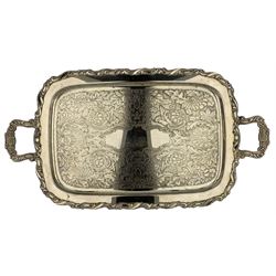 Oneida silver-plated twin handled tea tray with floral engraved decoration and scroll moulded border, L68cm