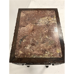 19th century Chinese hardwood plant stand with red marble top and undertier, frame relief caved with flowers and foliage, 46cm x 35cm, H81cm