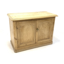 Victorian pine side cabinet, moulded top over double fielded panelled doors enclosing shelves, skirted base 