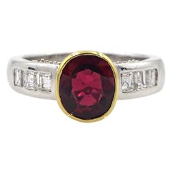 18ct white gold oval ruby ring, with channel set princess cut diamond shoulders and gallery, hallmarked, ruby approx 2.20 carat