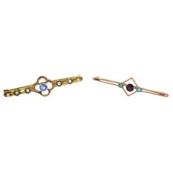 Early 20th century gold blue paste stone and seed brooch, stamped 9ct and a later 9ct rose gold garnet and turquoise bar brooch, Sheffield 1990