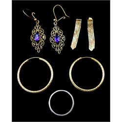 Pair of gold hoop earrings, pair of amethyst earrings and one other pair of earrings, all 9ct and a platinum wedding band