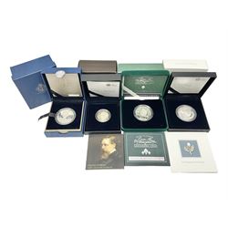Four The Royal Mint United Kingdom silver proof coins, comprising 2000 'The Queen Mother Centenary Year' piedfort five pounds, 2012 'Charles Dickens' piedfort two pounds, 2012 'The Queen's Diamond Jubilee' piedfort five pounds and 2018 'The 5th Birthday of HRH Prince George of Cambridge' five pounds, all cased with certificate