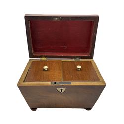 Early 19th century mahogany sarcophagus shape tea caddy with two covered containers, ivory key plate and compressed bun feet 19cm x 13cm