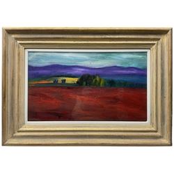 Andrew Walker (Scottish 1959-): 'Red Ploughed Field and Cheviot Hills', oil on board signed 28cm x 49cm