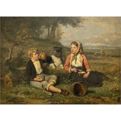 Louis Lassalle (French 1810-1870): Children and their Dog Having a Picnic, oil on board signed 18cm x 24cm