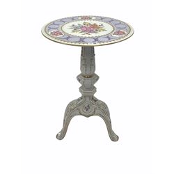 German porcelain occasional table, circular top raised on three splayed supports, all decorated with gilt stencilling and floral bouquets D47cm, H69cm