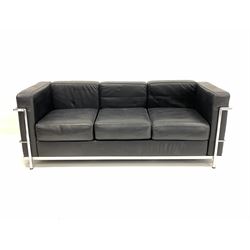After Le Corbusier - Mid to late 20th century LC2 three seat sofa, with chrome frame and brown leather upholstered arm rests and loose cushions W182cm, H68cm, D70cm