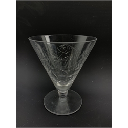 St Louis suite of table glass, conical design with etched foliate decoration, comprising decanter, ten wine glasses, eleven smaller wine glasses, eleven sundae dishes and four liqueur glasses, oval acid etched mark to base of decanter (37)