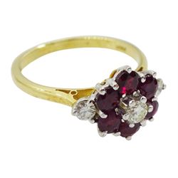 18ct gold round ruby and round brilliant cut diamond cluster ring, London 1975