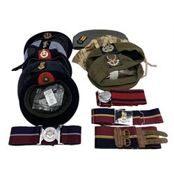 Scottish military beret with Queens Own Highlanders badge, another with Liverpool Scottish Cameron Highlanders badge, various others and military belts