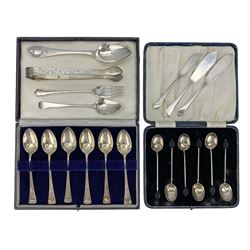 Set of six silver tea spoons with harebell stems Sheffiled 1925 Maker Thomas Bradbury & Sons, cased, six silver bead knop coffee spoons, pair of early 19th century engraved silver sugar tongs, three silver butter knives and other cutlery 
