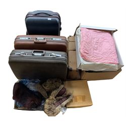 Quantity of hard shell suitcases including two by Revelation together with quantity of vintage hats and furs