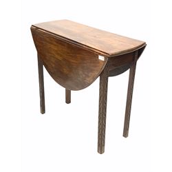 Georgian mahogany oval drop leaf table, the square chamfered blind fret carved supports swinging to support the drop leaves, W77cm
