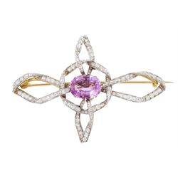 Early - mid 20th century 18ct gold and platinum oval pink topaz and diamond ribbon pendant / brooch, in fitted silk and velvet lined box by Garrard & Co. Ltd, Goldsmiths, Jeweller to the King