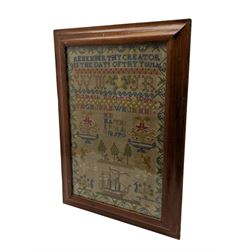Victorian wool sampler 'Remember Thy Creator in the Days of Thy Youth' by Elizabeth Mitchell 1859, framed 51cm x 32cm 