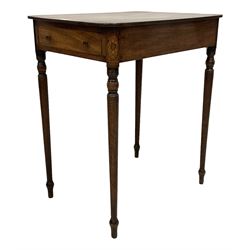 George III inlaid mahogany side table, rounded rectangular top with satinwood band over two end drawers, on turned supports, the corners inlaid with floral oval panels