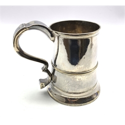 George III silver ale mug, the handle engraved with initials, fitted with a brass ring to the base H15cm Newcastle 1784 Maker possibly John Mitchison, approx 20oz
